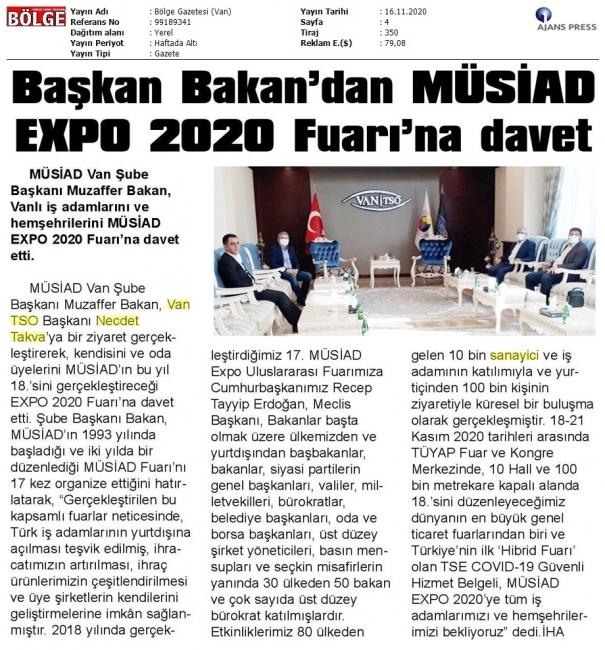 BAŞKAN BAKAN'DAN MÜSYAD EXPO 2020 FUARI'NA DAVET